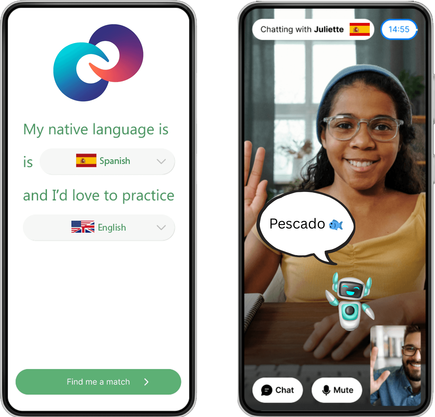 Two Chattify mobile screens showing language selection and a timed video exchange